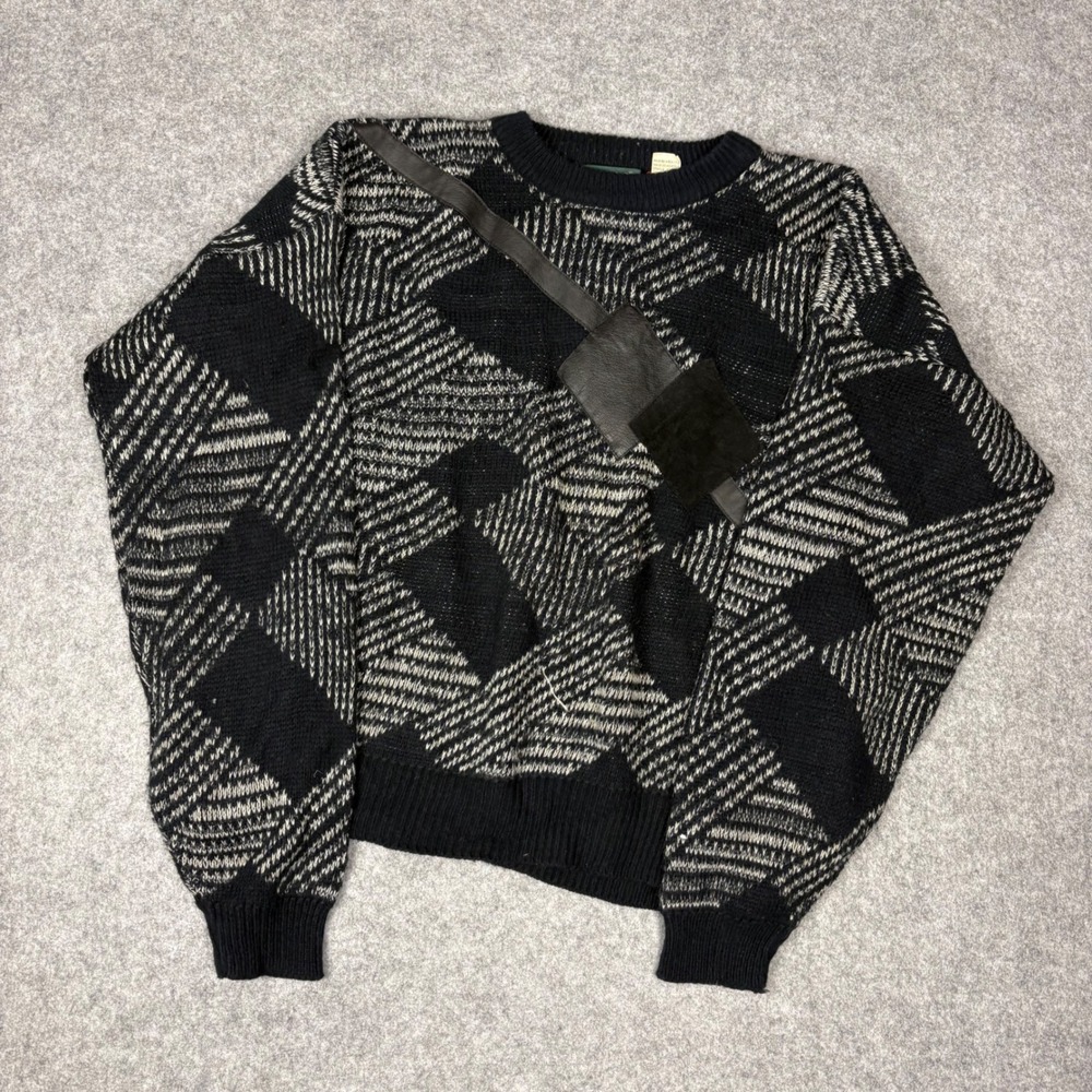 Vintage Stefano Man Geometric Knit Sweater Mens Large Black White Leather Detail